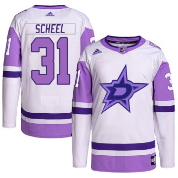 Authentic Adidas Men's Adam Scheel Dallas Stars Hockey Fights Cancer Primegreen Jersey - White/Purple