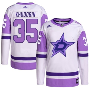 Authentic Adidas Men's Anton Khudobin Dallas Stars Hockey Fights Cancer Primegreen Jersey - White/Purple