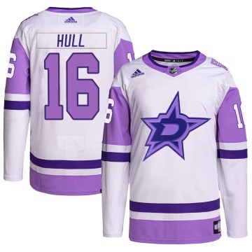 Authentic Adidas Men's Brett Hull Dallas Stars Hockey Fights Cancer Primegreen Jersey - White/Purple