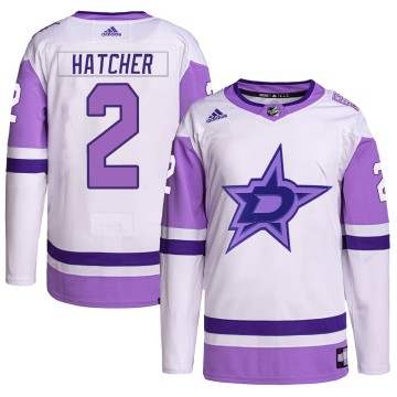 Authentic Adidas Men's Derian Hatcher Dallas Stars Hockey Fights Cancer Primegreen Jersey - White/Purple