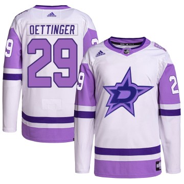Authentic Adidas Men's Jake Oettinger Dallas Stars Hockey Fights Cancer Primegreen Jersey - White/Purple