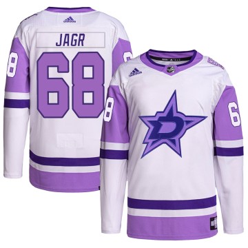 Authentic Adidas Men's Jaromir Jagr Dallas Stars Hockey Fights Cancer Primegreen Jersey - White/Purple