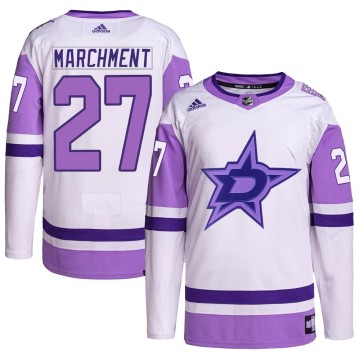 Authentic Adidas Men's Mason Marchment Dallas Stars Hockey Fights Cancer Primegreen Jersey - White/Purple