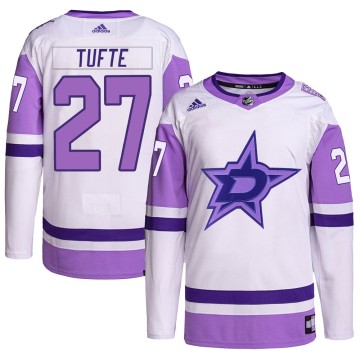 Authentic Adidas Men's Riley Tufte Dallas Stars Hockey Fights Cancer Primegreen Jersey - White/Purple