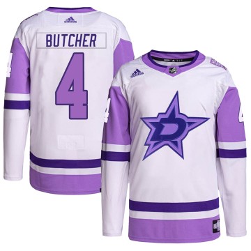 Authentic Adidas Men's Will Butcher Dallas Stars Hockey Fights Cancer Primegreen Jersey - White/Purple
