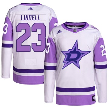 Authentic Adidas Youth Esa Lindell Dallas Stars Hockey Fights Cancer Primegreen Jersey - White/Purple