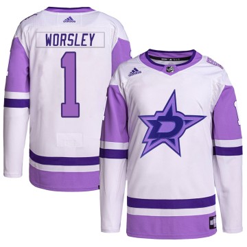 Authentic Adidas Youth Gump Worsley Dallas Stars Hockey Fights Cancer Primegreen Jersey - White/Purple