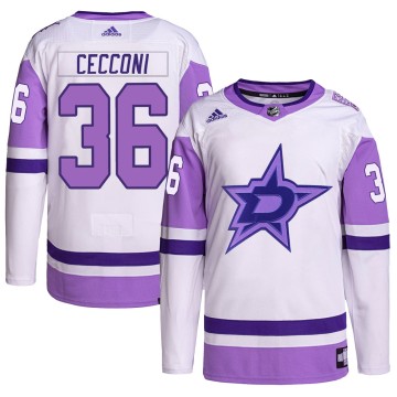 Authentic Adidas Youth Joseph Cecconi Dallas Stars Hockey Fights Cancer Primegreen Jersey - White/Purple