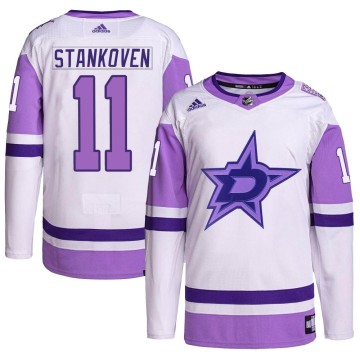 Authentic Adidas Youth Logan Stankoven Dallas Stars Hockey Fights Cancer Primegreen Jersey - White/Purple