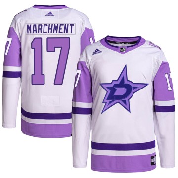 Authentic Adidas Youth Mason Marchment Dallas Stars Hockey Fights Cancer Primegreen Jersey - White/Purple