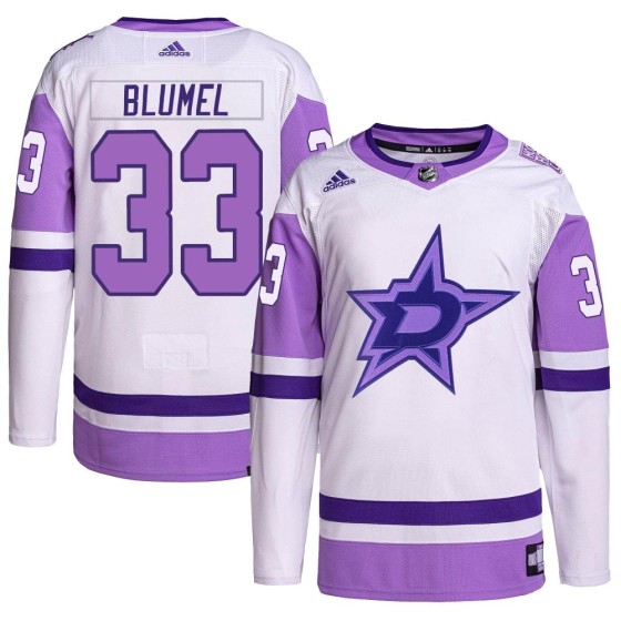 Authentic Adidas Youth Matej Blumel Dallas Stars Hockey Fights Cancer Primegreen Jersey - White/Purple