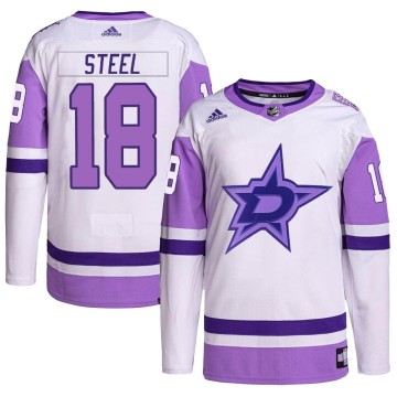 Authentic Adidas Youth Sam Steel Dallas Stars Hockey Fights Cancer Primegreen Jersey - White/Purple